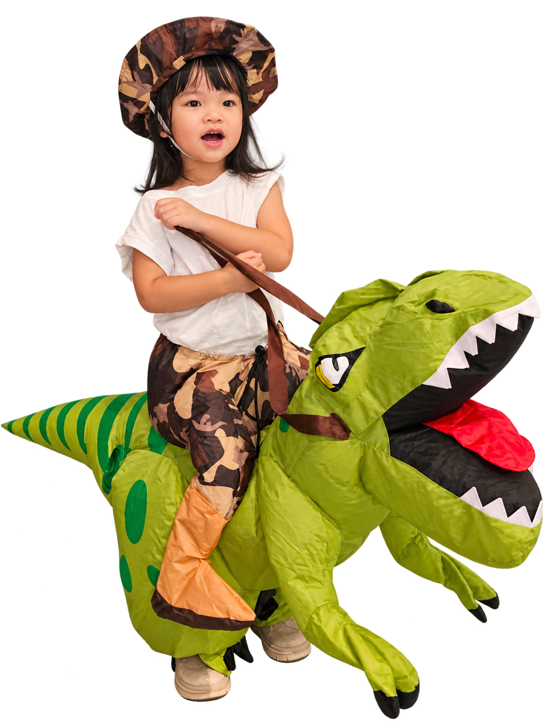 Charlotte dressed as a rider on a bright green dinosaur costume